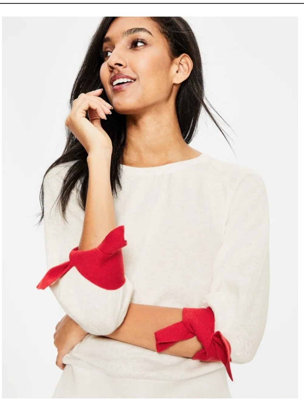 NWOT Boden Cream Sweater with Red Tie Cuffs